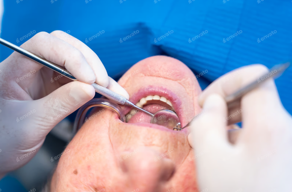 A dentist examining a patient's mouth with dental instruments