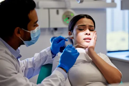 A dentist examining a patient experiencing pain from a broken or chipped tooth