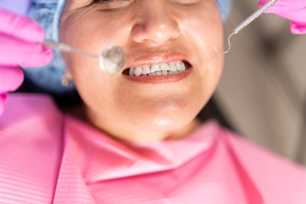 Close-up of a patient's healthy, restored teeth being examined during a routine dental checkup