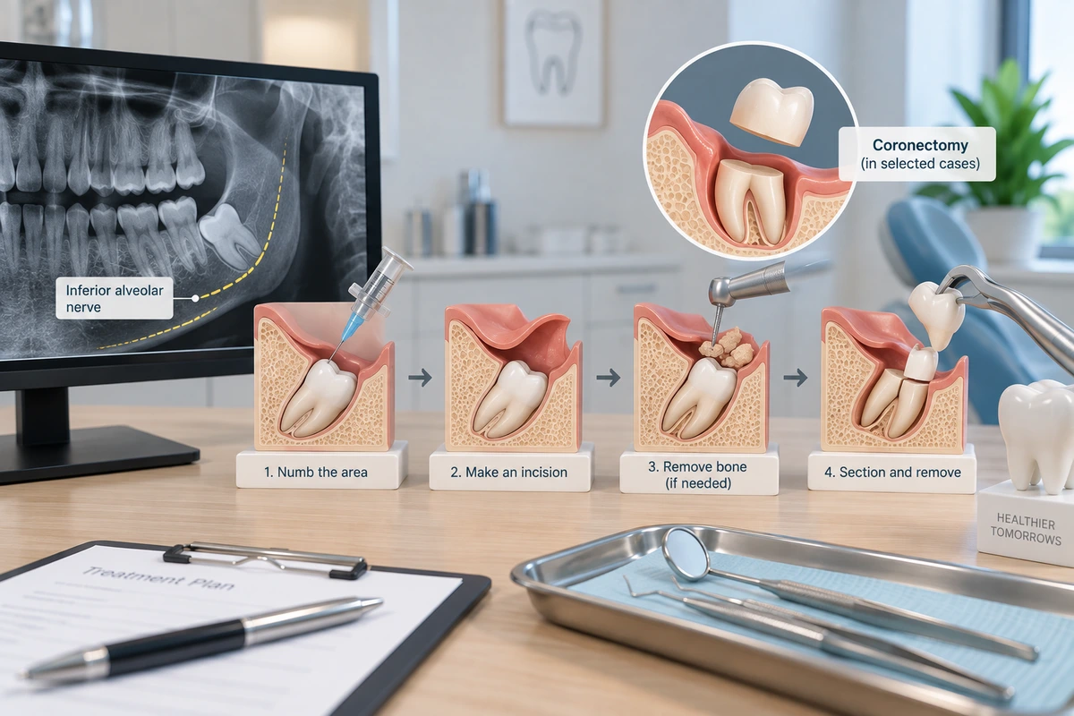 Illustration showing X-ray assessment of an impacted lower wisdom tooth near the inferior alveolar nerve and stages of surgical