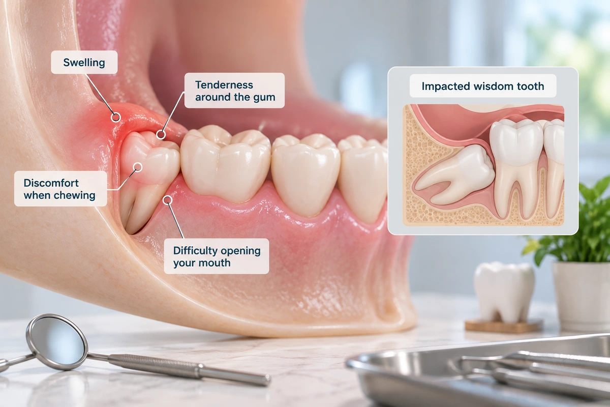 Illustration showing wisdom tooth symptoms, including gum swelling, gum tenderness, chewing discomfort and difficulty opening the mouth, with an impacted wisdom tooth inset