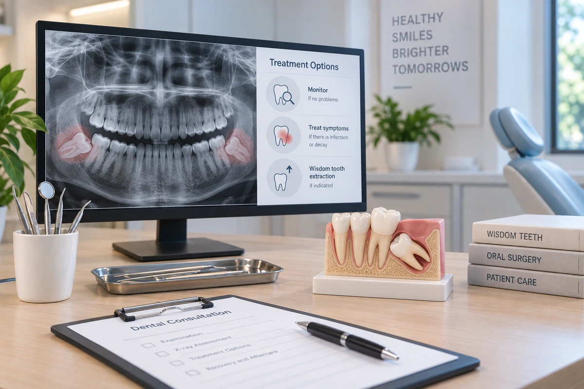 Illustration showing a panoramic dental X-ray with wisdom teeth highlighted and treatment options to monitor, treat symptoms or extract when indicated